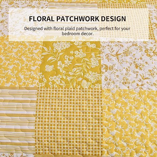 Mybedsoul Boho Quilt King Size, Patchwork Floral Bedding Set, Yellow