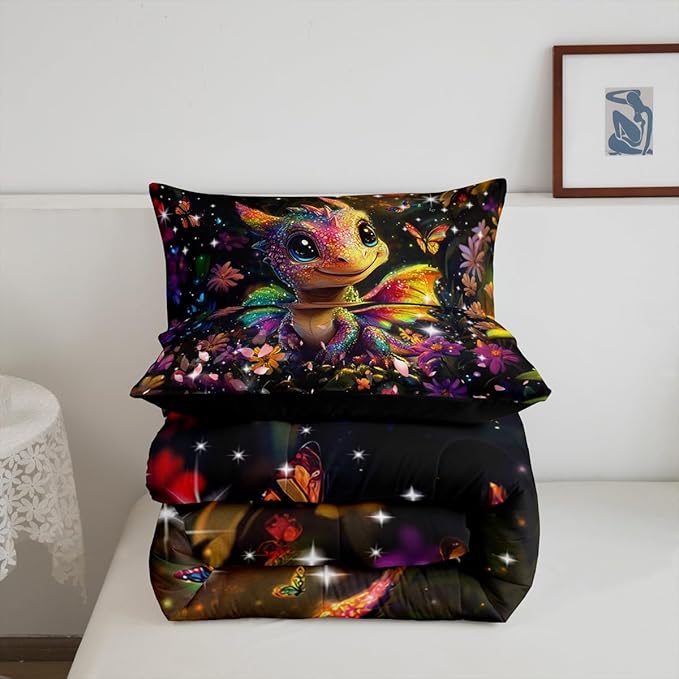 Feelyou Dragon Comforter Set Toddler Size Dragon Stuff Comforter for Boys Girls Teens Shiny Flower Bedding Set Dragon Decor Duvet Set Room Decor Carbon Black Quilt Set