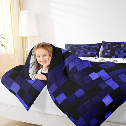 Pixelated Miners Game Kids Bedding Set King Size,Video Games Cartoon Gamepad Comforter Set，Modern Geometric Check Quilt Comforter,Dark Blue Bedroom Duvet Insert,2 Pillowcases