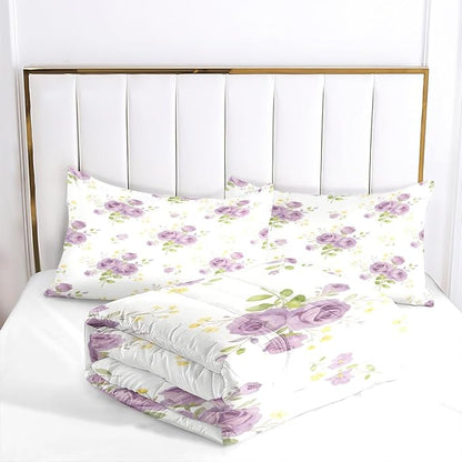 Kids Girls Purple White Botanical Floral Bedding Set, 2Pcs Twin Size Vintage Roses Comforter Set for Women Room Decor, Soft Microfiber (1 Comforter 68" x 90"and 1 Pillowcase)
