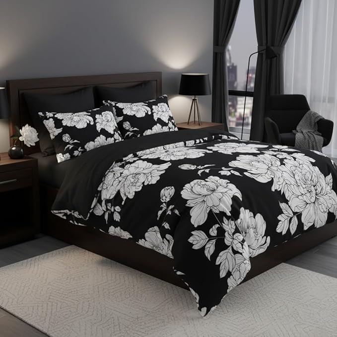 Black White Floral Comforter Set Queen Size, Modern Botanical Bedding Set for French Country Bedroom Decor, 3 Pcs Soft Fluffy Microfiber Quilt with 2 Pillowcases/90 x90