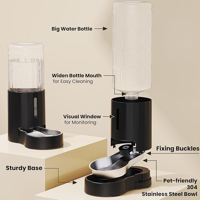 CZPET Dog Water Bowl Dispenser 9.5L, Wider Mouth Gravity Refilling (Black) | With Stainless Steel Bowl Gravity Waterer, Large Capacity and Drinking Area Noise-Free for Pets