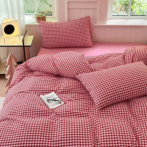 LifeTB Red Gingham Comforter Set Full Modern Style Red Plaid Comforter Set 3 Pieces Soft Fluffy Grid Checkered Pattern Comforter with 2 Pillowcases Vintage Luxury Soft Gingham Bedding Comforter Full