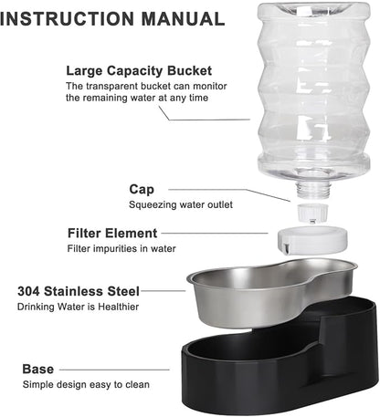 RIZZARI 7L Dog Water Bowl Dispenser:Black Stainless Steel Gravity Bowl | Built-In Filtration/Clear Water Reservoir/Spill-Resistant Design/Easy Water Monitoring/Food-Grade Materials/Indoor Daily Use