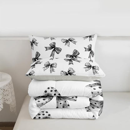 Erosebridal Bow Kids Comforter Set | Ribbon Black Bow Bedding Twin Size Coquette Bowknot with Dots Down Comforter Dreamy Princess Bowtie Duvet Set for Bedroom