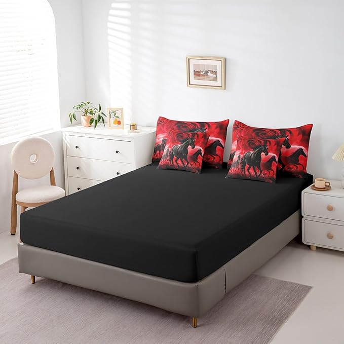 Erosebridal Horse Comforter Set 7 Piece Bed in a Bag Twin,Red Rose Flowers Bedding Sets Western Animals Sheet Set with Comforter