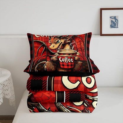 Feelyou Dragon Comforter Set Toddler Size Dragon Stuff Comforter for Boys Girls Teens Coffee Bedding Set Dragon Decor Duvet Set Room Decor Red Brown Quilt Set