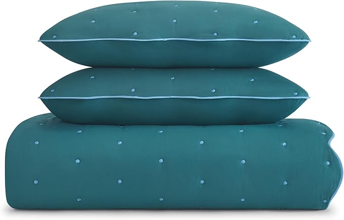 kate spade new york Scalloped Edge 3-Piece Full/Queen Quilt Bedding Set, 100% Cotton Voile Reversible Cover, All Season Bedding, Machine Washable, Blue Spruce