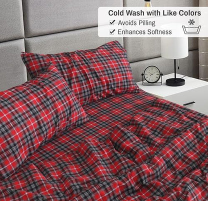 RUVANTI Flannel Sheets King Size, Red Plaid