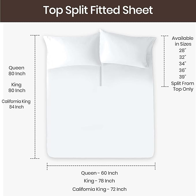 SGI bedding Adjustable Split Head Flex Top Cal King 32" Microfiber Sheet Set – Ultra Soft, Cooling & Deep Pocket 15” Fitted, 4-Piece Breathable & Durable Bedding Set for Split Cal King Beds -White