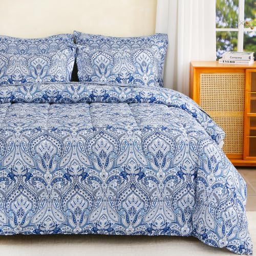 lasoftan Floral Queen Comforter Set with Sheets, 7 piece Luxury Vintage Bedding, Soft Microfiber Bed in a Bag, Cozy Lightweight Bed Set, Blue Paisley