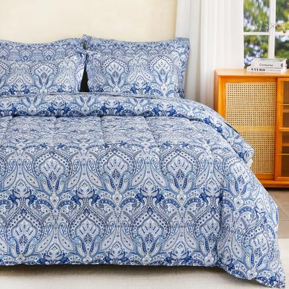 lasoftan Floral Queen Comforter Set with Sheets, 7 piece Luxury Vintage Bedding, Soft Microfiber Bed in a Bag, Cozy Lightweight Bed Set, Blue Paisley