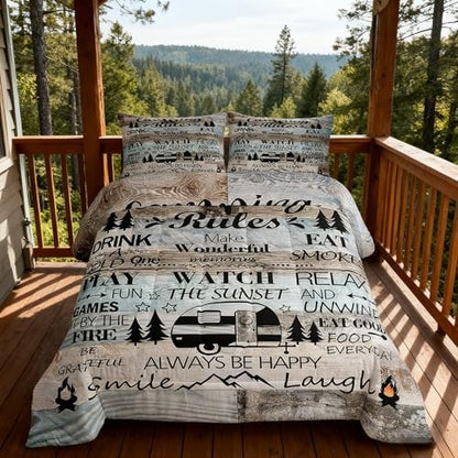 Happy Camping Camper Kids Comforter Set King Size,Rustic Farmhouse Adventure Cabin Bedding Set,Girls Boys Room Decor,Wooden Plank Cottage Lake House Quilt Comforter,Vintage Duvet Insert,2 Pillowcases