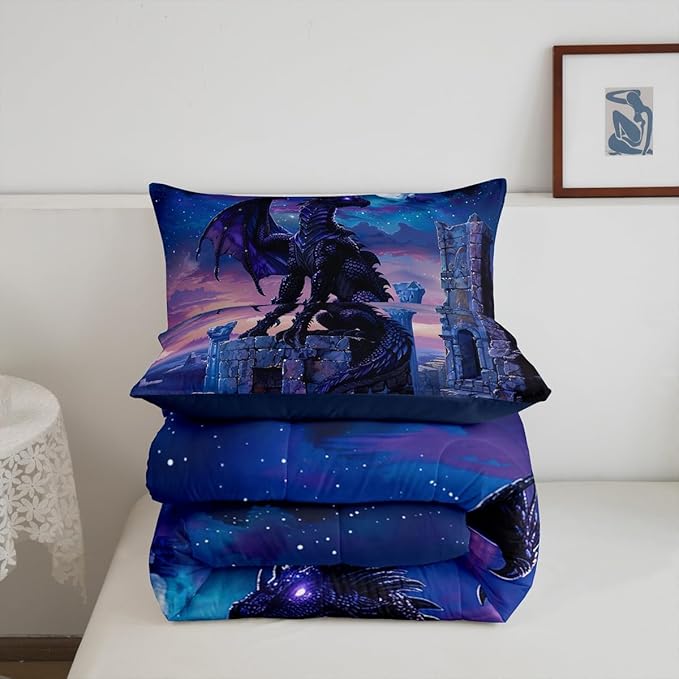 Feelyou Dragon Comforter Set Twin Size Moon Light Dragon Comforter for Boys Girls Teens Gothic Bedding Set Wildlife Duvet Set Room Decor Acid Blue Quilt Set