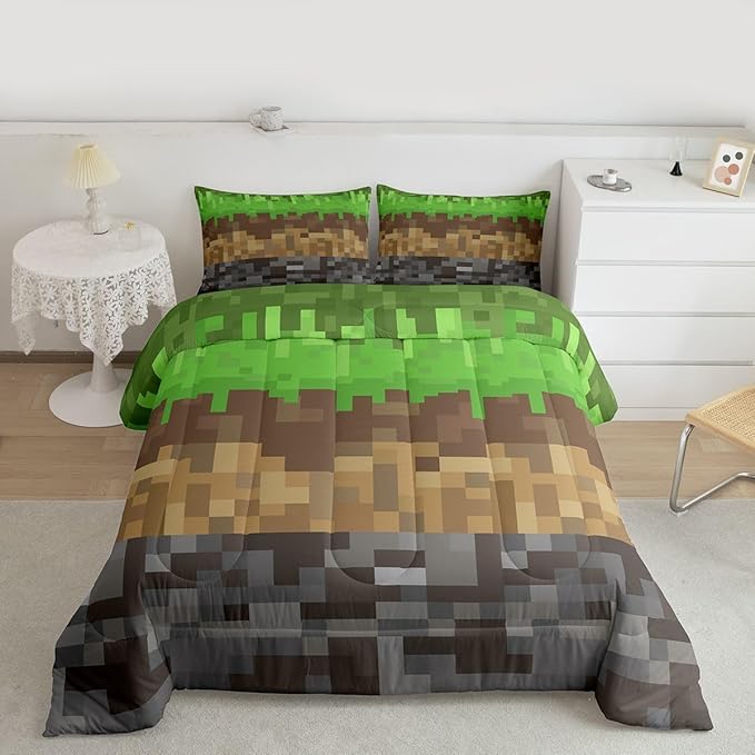 Miners Pixel Checked Kids Bedding Set Queen Size,Video Games Check Lattice Comforter Set,Game Cartoon Gamepad Quilt Comforter,Gray Green Brown Bedroom Duvet Insert,2 Pillowcases