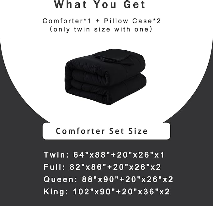 DOWNCOOL Full Size Comforter Sets -All Season Bedding Comforters with 2 Pillow Cases -3 Pieces Bed Set Down Alternative Comforter -Black Bedding Sets (82"x86")
