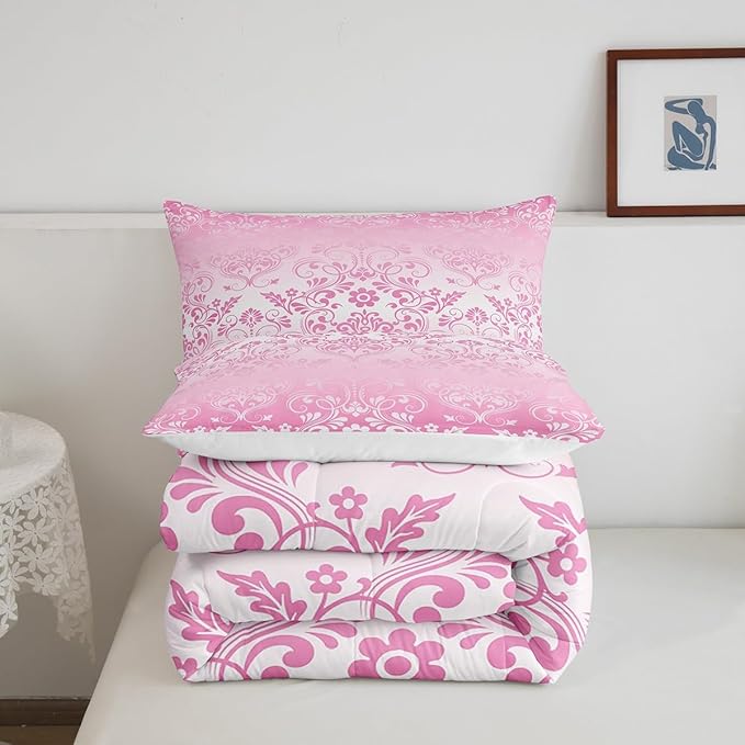 Feelyou Adults Pink Vintage Damask Floral Comforter Set Oriental Antique Comforter Twin Size Gothic Bohemia Boho Flower Bedding Set Bohemian Exotic Duvet Set Quilt Set 2Pcs
