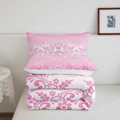Feelyou Adults Pink Vintage Damask Floral Comforter Set Oriental Antique Comforter Twin Size Gothic Bohemia Boho Flower Bedding Set Bohemian Exotic Duvet Set Quilt Set 2Pcs