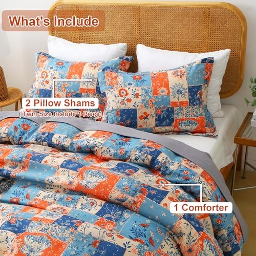 Mooreeke Floral Twin Size Comforter Sets, Montage Boho Vintage Floral Patterned Bedding for All Seasons, 2-Piece Vintage Bed in a Bag with Fluffy Quilted Reversible Comforter & Pillow Sham