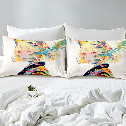3D Anime Bed Sheets Japanese Girl Style Bed Set Full for Cartoon Fans Fitted Sheet, Kawaii Anime Design Pattern Sheets with 2 Pillow Cases, Anime Gifts for Girls Anime Lover