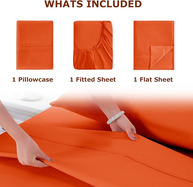 Twin XL Size Bed Sheet Set - 3 Piece Soft Microfiber Sheets with Deep Pockets, Cooling Technology, and Wrinkle-Free Pillowcase. Hotel-Quality, Durable Bedding, Bright Orange