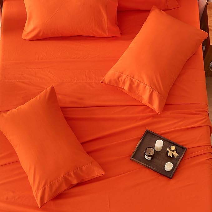 Bedlifes 100% French Linen Sheets King Size 18-24" Extra Deep Pocket 4-Piece Set Breathable & Moisture-Wicking,Soft & Durable Sheets for Thick Mattresses(Orange)