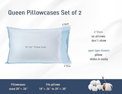 Pillow Cases, Standard Queen Size Cotton Percale Weave Pillowcases, Pre-Shrunk Breathable and Hypoallergenic Pillowcases, Set of 2 (2 Piece Standard/Queen 20 Inch x 30 Inch, Light Blue)