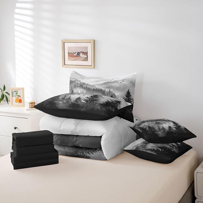 Erosebridal Foggy Mountain Queen Comforter Set with Sheets 7 Piece Grey Forest Pine Tree Bed in A Bag Nature Misty Woodland Bedding Sets for Kids Adults,Flying Bird Bed Set