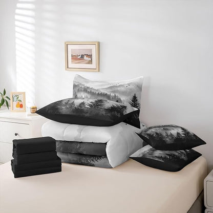 Erosebridal Foggy Mountain Queen Comforter Set with Sheets 7 Piece Grey Forest Pine Tree Bed in A Bag Nature Misty Woodland Bedding Sets for Kids Adults,Flying Bird Bed Set