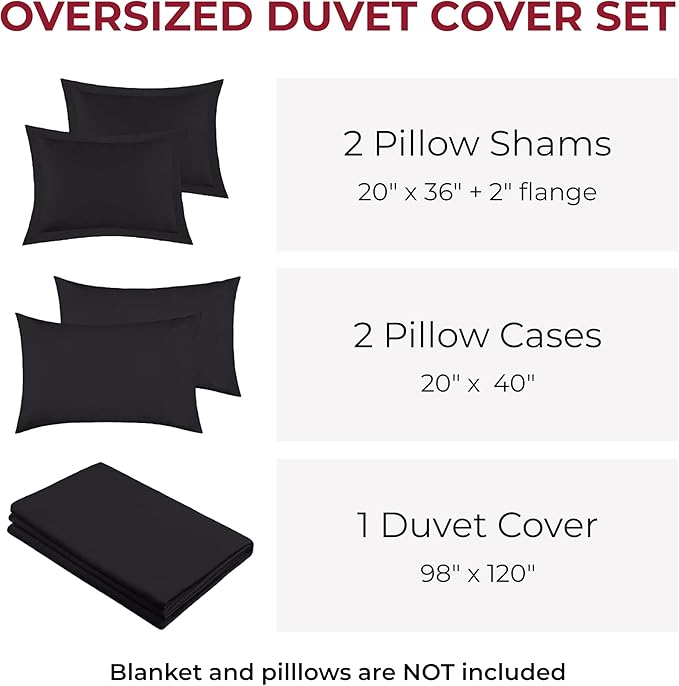 Mellanni Duvet Cover Set - 5 PC Iconic Collection Bedding Set - Hotel Luxury, Extra Soft & Cooling - Microfiber - Button Closure and Corner Ties (Oversized King, Black)