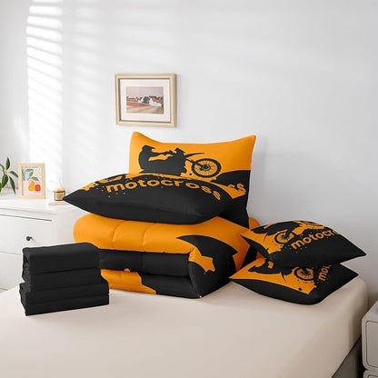 Erosebridal Motocross Comforter Set 7 Piece Bed in a Bag Twin,Motorbike Race Car Bedding Sets Motorcycle Dirt Bike Sheet Set with Comforter