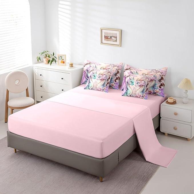 Western Dragon Couple Bedding Set,Japanese Cherry Blossom Full Comforter Set with Sheets for Kids Teens Room Decor,Pastel Girly Pink Castle Bed in a Bag 7 Piece for Bedroom Living Room
