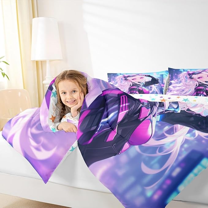 Erosebridal Girls Japanese Anime Bedding Set Full, Kawaii Anime Girl Comforter Set Cartoon Girl Quilt for Kids Teens Adult Women, Japanese Animation Sci Fi Style Duvet Insert, Blue Purple
