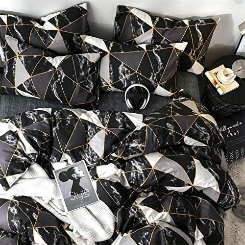 CLOTHKNOW Black White Marble King Size Comforter Set 3Pcs Triangle Plaid Bedding Sets All Season Geometric Comforter