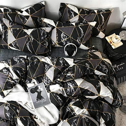 CLOTHKNOW Black White Marble King Size Comforter Set 3Pcs Triangle Plaid Bedding Sets All Season Geometric Comforter