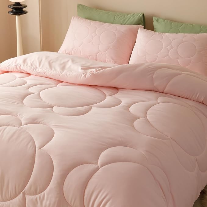 CLOTHKNOW Pink Blush Full Size Comforter Sets 3Pcs Daisy Puff Bedding Comforter Sets Soft Boho Comforter Pink Comforter with 2 x Pillow Cases