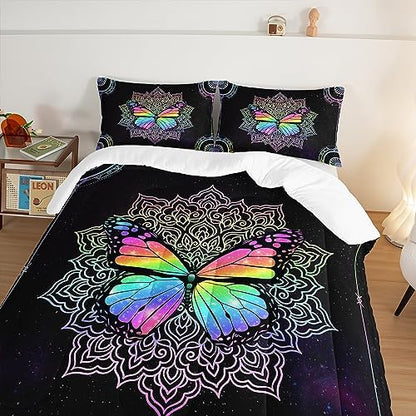 HOSIMA Butterfly Bedding for Girls,Mandala Bed in a Bag Queen Comforter Set - Colorful Butterfly Design,Galaxy Bedding Set for Beds,Microfiber Star Comforter with 2 Pillowcases,Dorm Room Essentials.