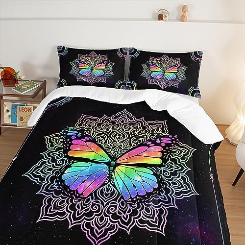 HOSIMA Butterfly Bedding for Girls,Mandala Twin Bed in a Bag - Colorful Butterfly Design,Galaxy Bedding Set for Twin Beds,Microfiber Star Comforter Twin with 2 Pillowcases,Dorm Room Essentials.