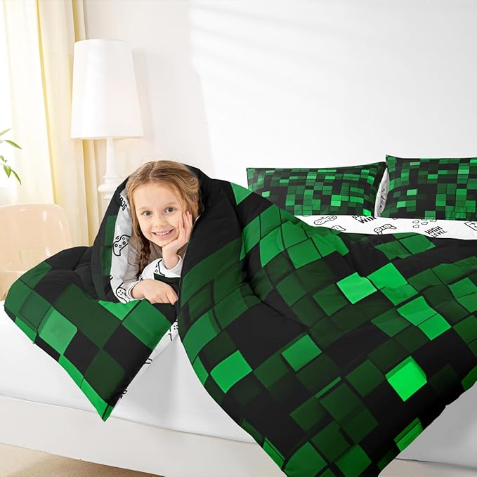 Pixelated Miners GameComforter Set King Size,Geometric Check Video Games Kids Bedding Set,Gamepad Camo Grid Quilt Comforter,Black Green Duvet Insert,2 Pillowcases