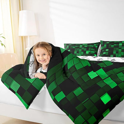 Pixelated Miners GameComforter Set King Size,Geometric Check Video Games Kids Bedding Set,Gamepad Camo Grid Quilt Comforter,Black Green Duvet Insert,2 Pillowcases