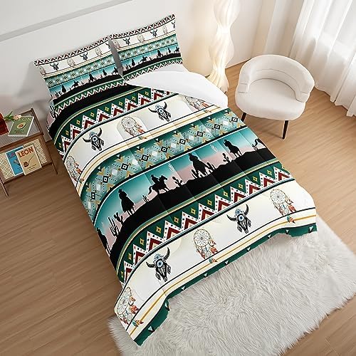 HOSIMA Western Bedding Comforter Sets,Longhorn Skull Dream Catcher Boho Comforter Set King Size for Adults Kids Cowboy Western Decor,Geometric Multicolor Teal Comforter King Size.