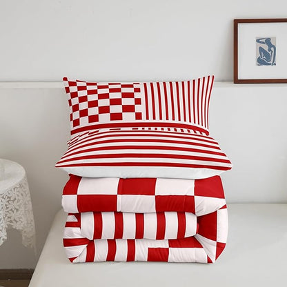 Red Stripes Comforter Set Buffalo Check Plaid Bedding Set Fashion Plaid Geometric Bedding Home Decor Modern Simple Style Comforter Twin Size Quilted Duvet Set 1 Comforter with 1 Pillowcase