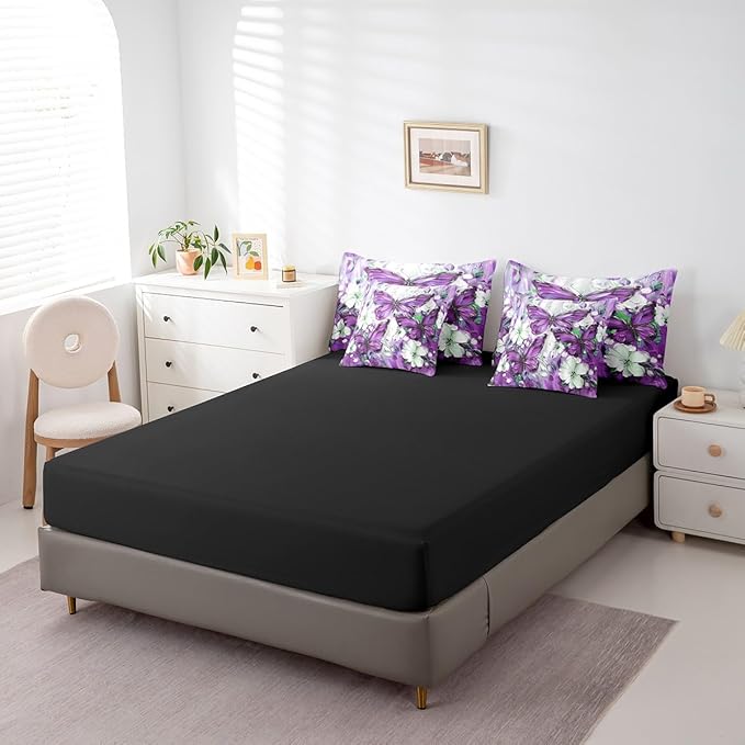 Erosebridal 7 Piece Purple Butterfly Queen Comforter Set with Sheets for Girls Teen Women,White Flowers Oil Painting Boho Bed in A Bag Floral Butterfly Bedding Set,Retro Bohemian Animal Bed Set