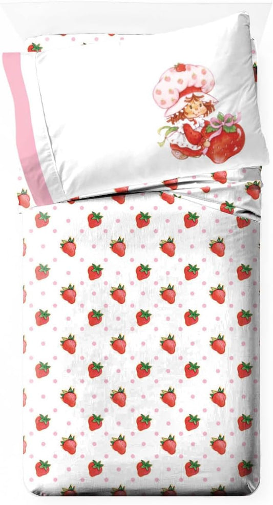 Jay Franco Strawberry Shortcake Toddler Comforter Set - 4 Piece Bedding Includes Sheet Set & Pillow Cover - Super Soft Pink & White Kids Bedding