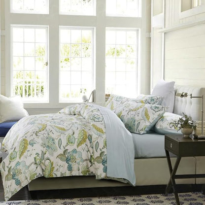 mixinni Cotton Print Paisley Duvet Cover for Queen Size Bed Green Floral Duvet Cover Set Reversible Design Blue Bedding Set 1 Duvet Cover 2 Pillowcases for Him and Her- (3pcs, Queen Size)