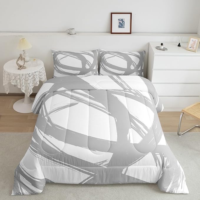 Erosebridal Gray and White Abstarct Queen Comforter Set for Adult Women Men, Geometric Striped Bedding Set for Minimalists,Graffiti Aesthetic Lines Quilt,Contemporary Boho Modern Art Duvet Insert