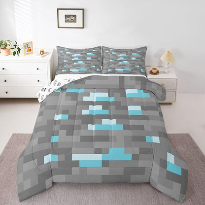 Pixelated Blocks Miners Kids Comforter Set Full Size,Video Games Game Gamepad Bedding Set,Boys Room Decor,Geometric Grid Patchwork Quilt Comforter,Gray Blue Duvet Set Bedroom Quilt Set,2 Pillowcases