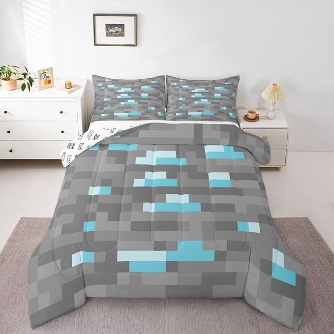 Pixelated Blocks Miners Kids Bedding Set Queen Size,Video Games Game Gamepad Comforter Set,Geometric Grid Patchwork Quilt Comforter,Gray Blue Bedroom Duvet Insert,2 Pillowcases