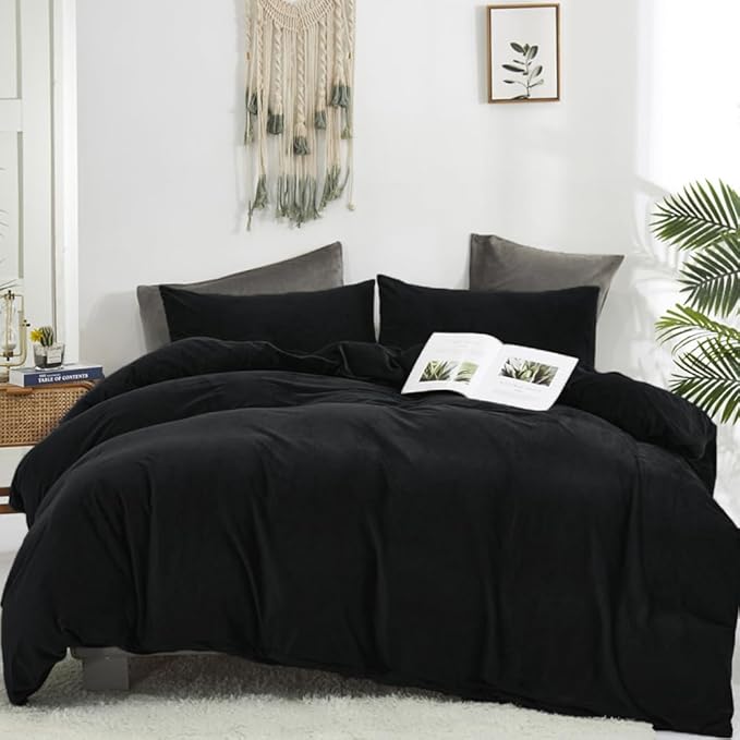 CLOTHKNOW Black Queen Comforter Set Velvet Bedding Comforter Sets Soft Comforter Queen Black Comforter with 2 x Pillow Cases