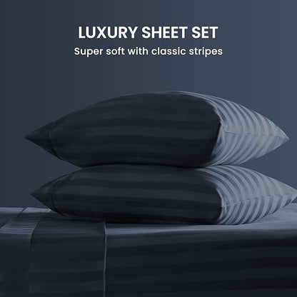 SLEEP ZONE Striped Cooling Queen Sheets Set - Fitted Flat Sheet & Pillowcase Sets 4 Piece - Super Soft Stripe Bed Sheet, Easy Care, Deep Pocket (Navy Blue, Queen)